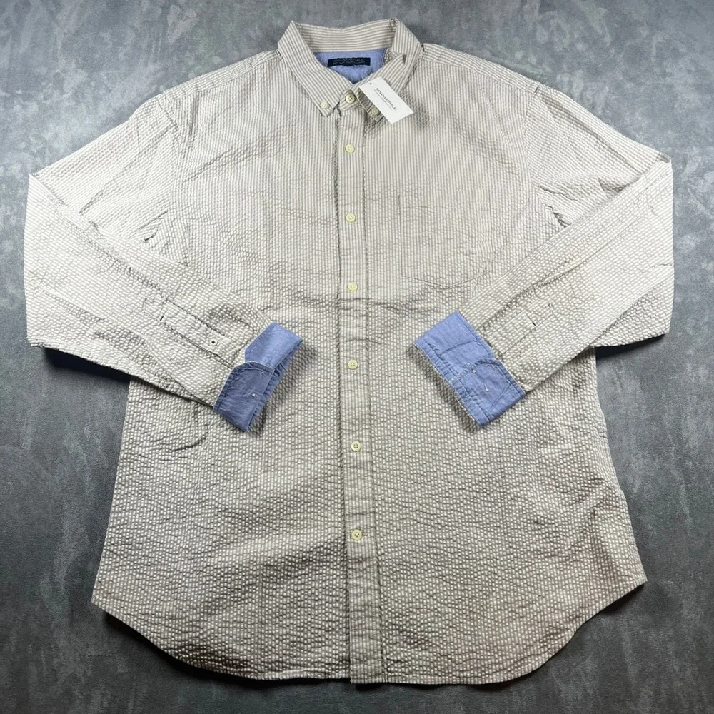Banana Republic Mens XL Seersucker Shirt Tan White Stripe Tailored Slim Fit‎ NWT